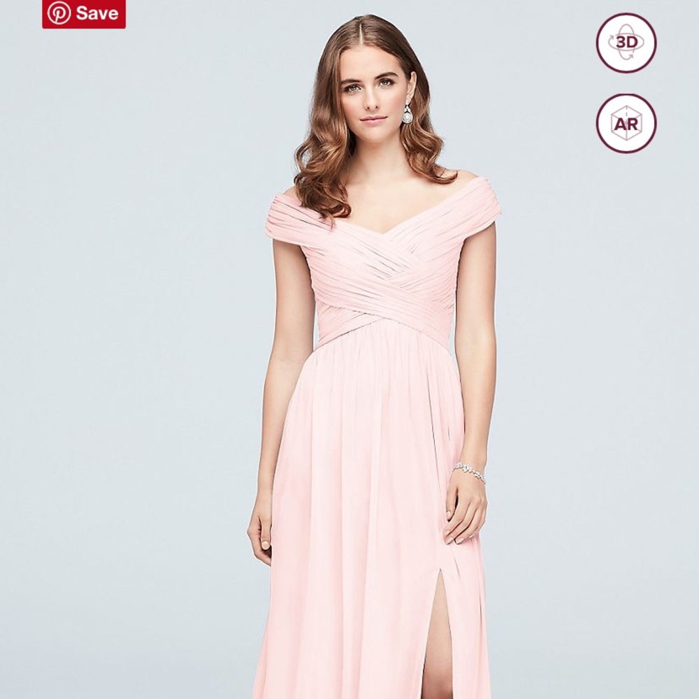 David’s Bridal Crisscross off-the-shoulder mesh bridesmaid dress in color PETAL